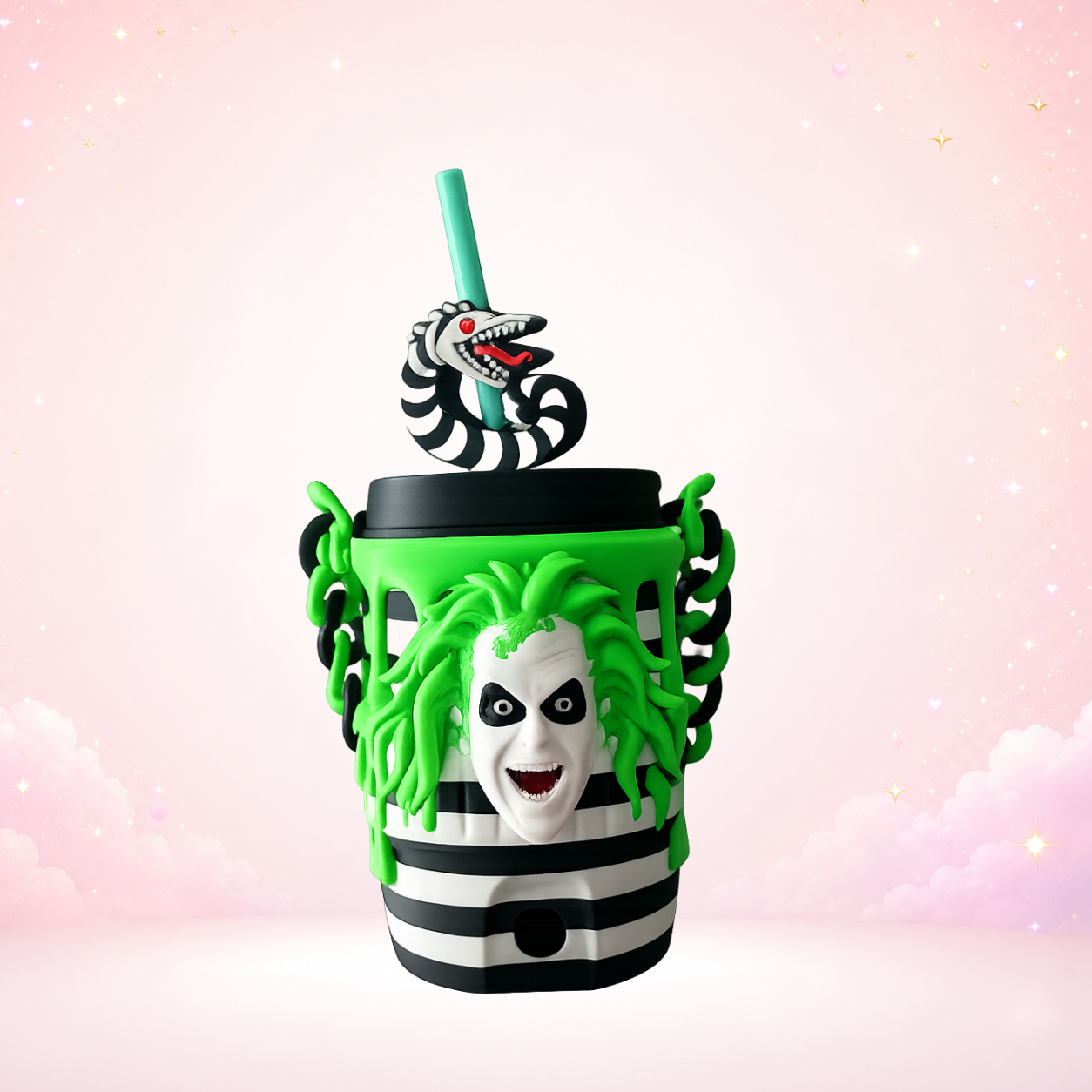 Beetlejuice Inspired 12oz Can Holder with Chain Handle, Sandworm Straw Topper & Showtime Lid | 3D Printed