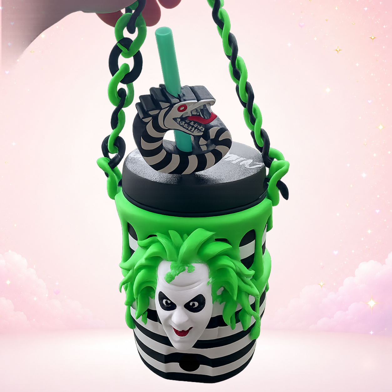 Beetlejuice Inspired 12oz Can Holder with Chain Handle, Sandworm Straw Topper & Showtime Lid | 3D Printed