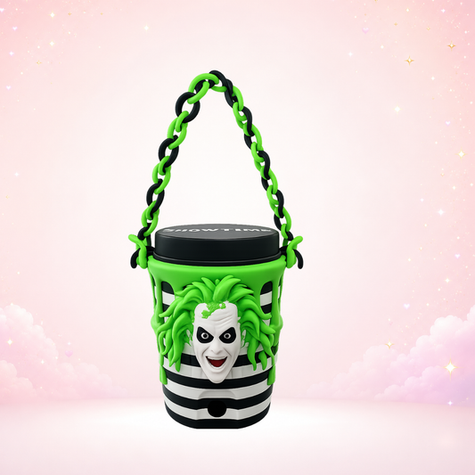 Beetlejuice Inspired 12oz Can Holder with Chain Handle, Sandworm Straw Topper & Showtime Lid | 3D Printed